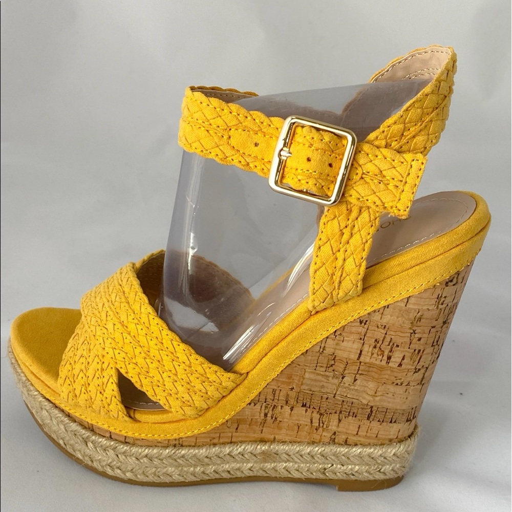 ROSETT - Mustard Wood Wedged Heel with Ankle Straps and Gold/Jute Accents